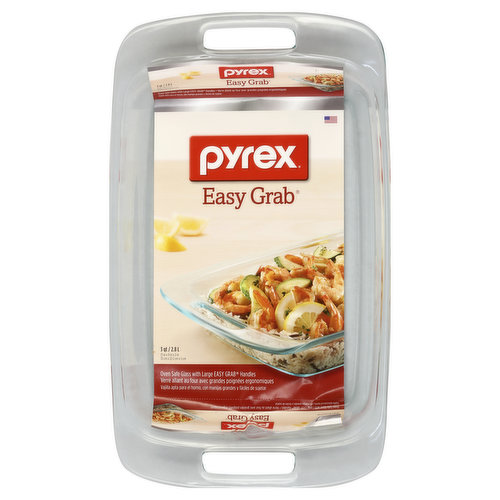 13 in x 9 in x 2 in. (33 cm x 22.5 cm x 5 cm) (3 qt/2.8 l). Oven safe glass with large easy grab handles. Limited Two Year Warranty: World Kitchen, LLC promises to replace any Pyrex glass product that breaks from oven heat, and any Pyrex non-glass accessory item with a manufacturing defect, within two years from the date of purchase. The foregoing warranties apply only to products damaged during normal household use. These warranties do not cover damage resulting from misuse, negligence, accidental breakage or attempted repair. For those warranties to apply, the owner must follow the safety and usage instructions set forth above. These warranties do not apply to items that are: used while camping; used commercially or institutionally; or damaged while moving or related to storage. If the exact item is not available, it will be replaced with a comparable item. Incidental and consequential damages are expressly excluded. Some states do not allow the exclusion or limitation of incidental or consequential damages, so the foregoing limitation or exclusion may not apply to you. If making a warranty claim, keep the product - you may be asked to return it. This warranty gives you specific legal rights, which may vary from jurisdiction to jurisdiction. Should a warranty problem develop, contact the World Kitchen, LLC Help Center at 1-800-999-3436. Reusable glassware. BPA free. Longer lasting than disposable foil & plastic. pyrexware.com. Made in the USA.