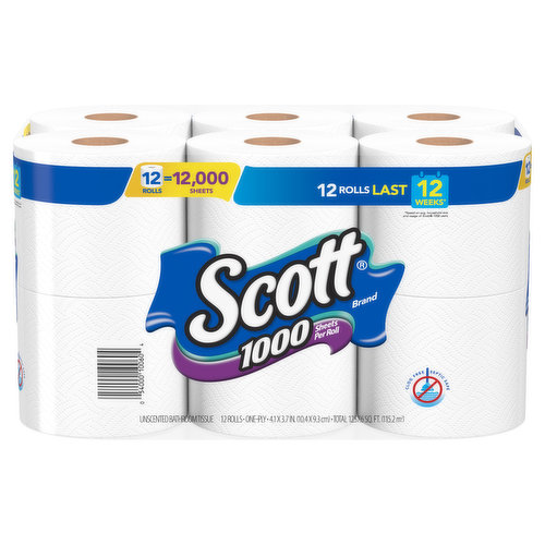 12 rolls = 12,000 sheets. 12 rolls last 12 weeks (based on avg. household size and usage of Scott 1000 users). 1000 sheets per roll. Clog free. Septic safe. FSC: Mix - Paper from responsible sources. www.fsc.org.