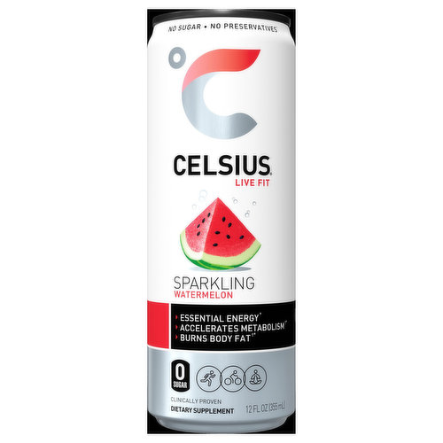 No preservatives (citric acid is added for flavor; it is not used as a preservative). Essential energy. Accelerates metabolism (Celsius alone does not produce weight loss in the absence of a healthy diet and moderate exercise. So, whether you walk the dog or work out at the gym, make Celsius part of your daily regimen). Burns body fat (Celsius alone does not produce weight loss in the absence of a healthy diet and moderate exercise. So, whether you walk the dog or work out at the gym, make Celsius part of your daily regimen). Clinically proven. No aspartame. 7 essential vitamins proven in 6 published university studies. In 2005, vitamin industry entrepreneurs created Celsius. How does it work? Celsius proprietary MetaPlus formula including green tea with EGCG, ginger and guarana seed, turns on thermogenesis, a process that boosts your body's metabolic rate. Drinking Celsius prior to fitness activities is proven to energize, accelerate metabolism, burn body fat and calories (Celsius alone does not produce weight loss in the absence of a healthy diet and moderate exercise. So, whether you walk the dog or work out at the gym, make Celsius part of your daily regimen). Your ultimate fitness partner. Please recycle.