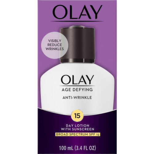 Reduce the appearance of wrinkles and protect skin from further sun damage with Olay Age Defying Anti-Wrinkle Day Lotion with Broad Spectrum Sunscreen SPF 15. Formulated with Beta-Hydroxy Complex and Vitamins E and B3, this moisturizing face lotion is made with SolaSheer Technology SPF 15 Broad Spectrum to protect skin from UV rays. Its lightweight, non-greasy formula hydrates and smooths skin’s texture, leaving your complexion younger and healthy-looking. We guarantee you’ll love your OLAY product! If you are not satisfied, we’ll give you your money back via a prepaid card. Must submit within 60 days of purchase. Call toll-free 1-855-845-9797 or visit olay.com/guarantee.