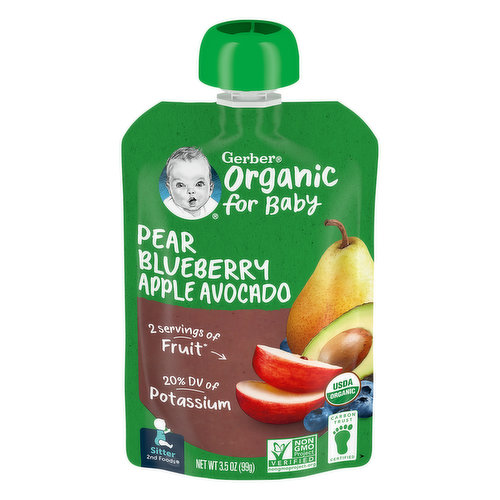 2 servings of fruit (1 fruit serving is 3 tbsp for babies). 28 blueberries; 1/2 tbsp avocado; 1/4 pear; 1/6 apple in each pouch. Gerber Organic for Baby we only use Organic Certified Farms that respect nature's own rhythm and pace. As a mom it is reassuring knowing how much effort goes into making my child's food. Andrea H. Gerber Agricultural Specialist.