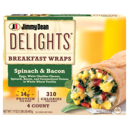 Kickstart your day with Jimmy Dean Delights Spinach & Bacon Breakfast Wraps. Featuring eggs, white cheddar cheese, spinach, bacon and caramelized onions wrapped in a whole wheat tortilla, these frozen fully cooked breakfast wraps are perfect for a delicious, portable breakfast. With 14 grams of protein per serving and no artificial colors or flavors, our wraps are a tasty microwavable breakfast option for your busy mornings. For a delicious breakfast at home or on the go, microwave and serve. Includes one 17 oz package of 4 spinach and bacon breakfast wraps. Jimmy Dean once said, "Sausage is a great deal like life. You get out of it what you put in." Which pretty much sums up his magic formula for having a great day. Today, the Jimmy Dean Brand team brings you many ways to add some sunshine to your morning.