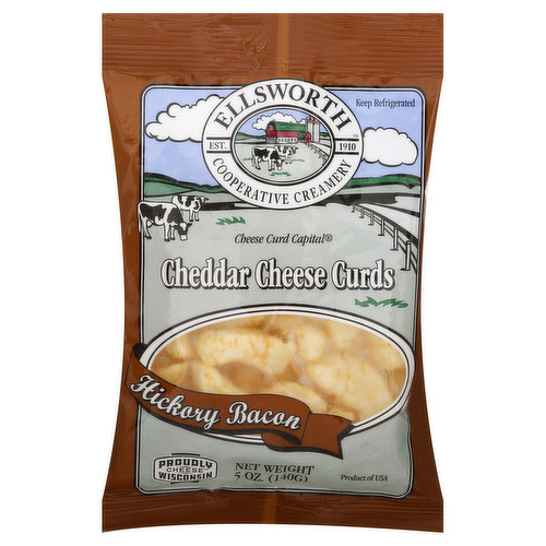 Gluten free. Est. 1910. Cheese Curd Capital. Proudly cheese Wisconsin. What are cheese curds? Cheese Curd are squeaky fresh cheddar cheese in its natural random shape before being made into blocks of cheddar. Legend has it that cheese curds became popular when Wisconsin Cheese makers would take handfuls of these delicious and nutritious morsels home to their children. Of course, they loved them, and the rest is history. Farmer certified rBGH free. www.EllsworthCheese.com For orders call: 715-273-4311 www.EllsworthCheese.com. Product of USA.