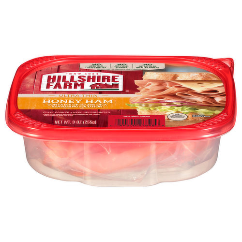 Enjoy premium sliced ham with Hillshire Farm Ultra Thin Sliced Honey Ham Deli Meat. Slow cooked and honey sweetened with no artificial flavors, our honey ham lunchmeat is 96% fat-free. Fully cooked and ready-to-eat, this ham is perfect with cheese, onion and lettuce on white bread for a delicious sandwich. This 9 oz sliced deli meat package is double-sealed for absolute freshness.
