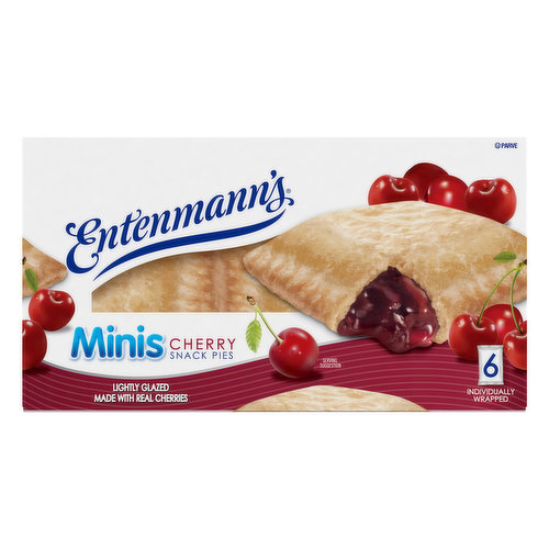 Lightly glazed made with real cherries. Per 2 Pie Serving: 410 calories; 9 g sat fat (45% DV); 480 mg sodium (21% DV); 32 g total sugars. 6 individually wrapped. Since 1898 the Entenmann's name has stood for the finest quality in baked goods. Today this tradition remains as Entenmann's continues to deliver delicious favorites! - William Entenmann. We are committed to providing you with quality products and welcome your questions and comments. Call 1-800-984-0989, Consumer Relations Department. When writing, please include proof-of-purchase (bar code) and stamped date code. www.entenmanns.com. SmartLabel: Scan for more food information. fb.com/Entenmanns. For more information visit us at www.entenmanns.com. Easy open zipper.