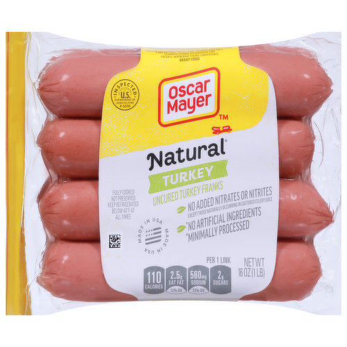 Per 1 Link: 110 calories; 2.5 g sat fat (13% DV); 560 mg sodium (23% DV); 2 g sugars. Gluten free. Natural (No artificial ingredients) (Minimally processed). Turkey raised with no added hormones (Federal regulations prohibit the use of hormones in turkey). No nitrates or nitrites added. Except those naturally occurring in cultured celery juice. Not preserved. Fully cooked. Inspected or wholesomeness US Department of Agriculture.  www.KraftKidsSafe.com. oscarmayer.com Visit us at: oscarmayer.com. 1-800-222-2323. please have package available.