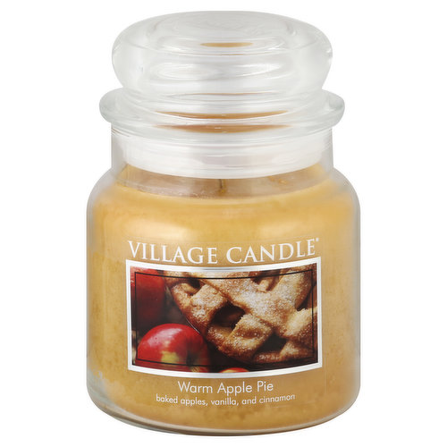 16 fl oz. Baked apples, vanilla, and cinnamon. Approx. burn time is up to 105 hours. www.villagecandle.com. Made in Wells, Maine USA.