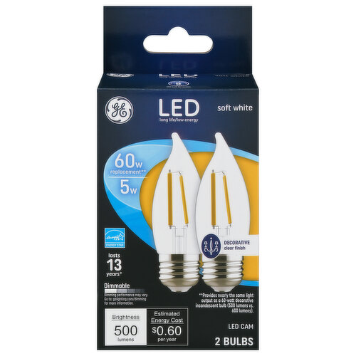GE Light Bulb, LED, Decorative, Soft White, Clear Finish, 5 Watts