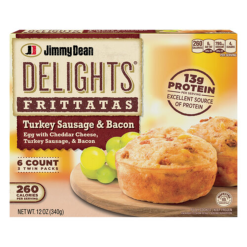 Give more power to your mornings without all of the bread and carbs! Jimmy Dean Delights Frozen Turkey Sausage and Bacon Frittatas are packed with savory turkey sausage crumbles, crispy bacon, and real cheddar cheese all in a fluffy egg muffin for a delicious, portable breakfast at home or on-the-go. With 14 grams of protein per serving, it's the perfect protein-packed option for your breakfast routine. Simple to prepare and ready in minutes, our frittatas are made with premium ingredients and the Jimmy Dean quality you know and trust. Jimmy Dean once said, "Sausage is a great deal like life. You get out of it what you put in." Which pretty much sums up his magic formula for having a great day. Today, Jimmy Dean Brand brings you many ways to add some sunshine to your morning. Because today's your day to shine on.
