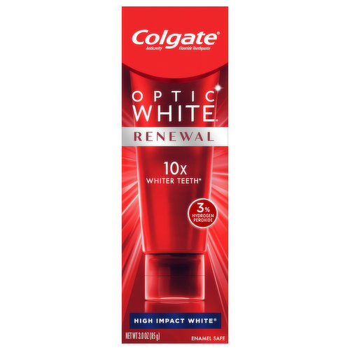 10X Whiter Teeth*Get 10X whiter teeth* with this teeth whitening toothpaste, which contains dentist recommended hydrogen peroxide. With a patented 3% hydrogen peroxide formula which deeply whitens beyond surface stains, this hydrogen peroxide toothpaste not only removes surface stains, but also can penetrate to work below the tooth surface. Colgate Optic White Renewal toothpaste, High Impact White, is a mint toothpaste that has a refreshing mint flavor that freshens breath. It is also an anticavity fluoride toothpaste that helps to protect against cavities. Enamel-safe for daily use, add this Colgate whitening toothpaste to your oral care routine for teeth whitening that safely whitens the inside as well as the outside of your teeth. Whitening Toothpaste That’s VeganColgate Optic White Renewal whitening and stain removal toothpaste is a vegan toothpaste that’s also gluten-free and sugar-free. For good oral hygiene, brush your teeth twice a day for two minutes. Optic White toothpaste is made by Colgate, the brand that knows the power of a healthy smile.*vs. a fluoride toothpaste without hydrogen peroxide, after 4 weeks of use as directedHealthy SmilesAt Colgate, we make toothpaste that promotes healthy smiles. Not only because having a healthy smile is important to your overall health, but because when you have a healthy smile, you actually smile more – and that’s a powerful thing. Smiles are the simplest form of optimism, something we need now more than ever. That’s why we’re committed to raising oral healthcare standards everywhere.