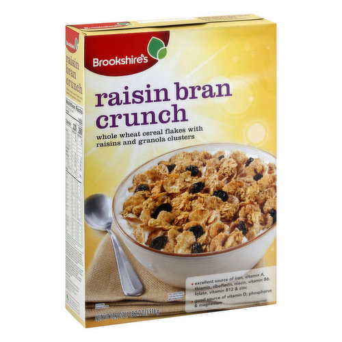 Whole wheat cereal flakes with raisins and granola clusters. Excellent source of iron, vitamin A, thiamin, riboflavin, niacin, vitamin B6, folate, vitamin B12 & zinc. Good source of vitamin D, phosphorous & magnesium. This product is sold by weight, not volume. Some settling of contents may have occurred during handling and shipping. BHT Added to packaging to maintain freshness. Since 1928. If you're not happy, we're not happy - 100% satisfaction, 100% of the time, guaranteed! brookshires.com. Questions? Call us at 1-888-937-3776; brookshires.com.