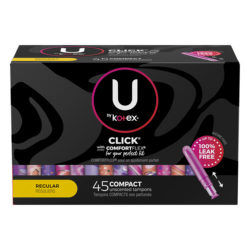 With Comfort Flex for your perfect fit. Up to 100% leak free. Comfortably compact, powerful protection. Slim & smooth designed to keep up with you. Comfortflex technology moves with you for outstanding comfort. Your Body, Your Rules. Ingredient transparency to choose products on your terms. Every single ingredient is reviewed and approved by our board-Certified Safety Experts. Made without fragrance. Tampon Absorbency Ranges: Regular 6-9g. These absorbency ranges and their corresponding terms are required to be used by all tampon manufacturers to indicate the amount of fluid absorbed using a standard laboratory test. Use the standardized absorbency ranges and terms to make comparisons between tampons of all manufacturers. Choose the minimum absorbency necessary to control your menstrual flow in order to reduce the risk of contracting TSS. Dispose in a trash receptacle. Dispose of properly. Join us to end period poverty with U she can. Alliance for period supplies. Everyone deserves access to period products. As the founding sponsor of the Alliance for Period Supplies, U by Kotex makes millions of donations to ensure every person has the products they need to live fully and freely. Get involved at: ubykotex.com.