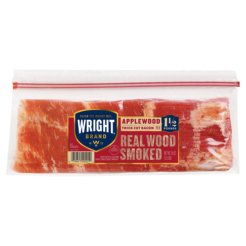 Wright Brand Thick Sliced Applewood Smoked Bacon has a perfected flavor and is cured with a 90 year old family recipe. Hand selected and hand trimmed into thick slices, Wright Brand pork bacon is smoked over real applewood chips for a smoky and slightly sweet flavor. To serve, cook up Wright bacon strips with eggs, peppers, onions and cheese. Keep refrigerated. That's Bacon the Wright Way.