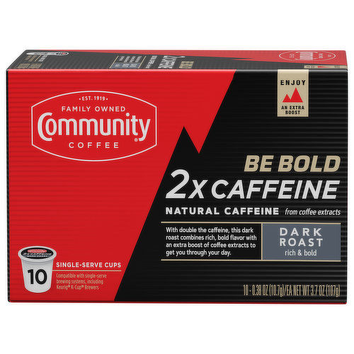 Community Coffee, Dark Roast, 2x Caffeine, Single-Serve Cups