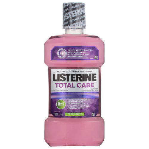 Give your mouth complete care with Listerine Total Care Fluoride Anticavity Mouthwash. This Fresh Mint-flavored mouthwash for bad breath provides six dental hygiene benefits in one powerful oral rinse and up to seven times the fluoride uptake versus Act,* and provides 50% greater strengthening of weakened enamel vs. brushing alone in lab studies. The fluoride-rich oral rinse formula helps prevent cavities, restores enamel, and strengthens your teeth to improve oral health. Use this mint mouthwash to freshen breath, kill germs that cause bad breath, and clean your whole mouth. This oral rinse is accepted by the American Dental Association's (ADA) Seal of Acceptance Program and features a fresh mint flavor that gives your mouth a clean feeling you can taste. *In laboratory tests compared to Act Anticavity Kids Fluoride Rinse, Act Total Care Anticavity Fluoride Rinse, Act Total Care Anticavity Fluoride Rinse-alcohol free, Act Total Care Anticavity Mouthwash, Act Restoring Mouthwash.