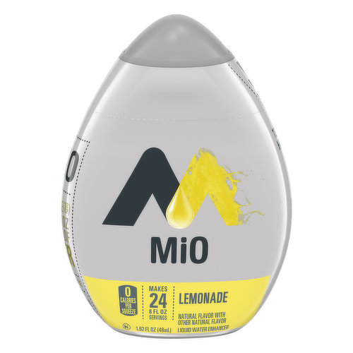 Natural flavor with other natural flavor. 0 calories per squeeze. Makes 24 - 8 fl oz servings. www.kraftheinz.com. BPA free. MiO Naturally Flavored Lemonade Liquid Water Enhancer transforms plain water into a refreshing, flavorful drink to invigorate your day. A single squeeze of the bottle delivers a burst of bold citrus flavor. MiO sugar free water drops provide a burst of flavor with zero calories. The portable 1.62 fluid ounce bottle neatly fits in your purse, bag or glove box for easy on-the-go mixing. With just one squeeze, MiO lemonade sugar free water enhancer provides enough bold flavor for 8 fluid ounces! Whether you're studying, working or heading to workout, add MiO Lemonade mix to your water for delicious lemon flavored water that keeps you sipping.