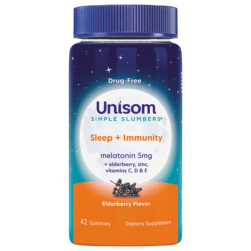 Drug-free. Melatonin 5 mg: To help you fall asleep faster, wake up less, and feel refreshed in the morning. Elderberry: A powerful antioxidant believed to support your body's own defenses. Zinc and Vitamins C, D & E: Antioxidants to support a healthy immune system. Sweet dreams lie ahead with Unisom Simple Slumbers immunity. It's completely drug-free, and works with your body's natural sleep cycle. Melatonin + our immunity blend (of elderberry, zinc and vitamins C, D & E) helps you fall asleep gently and supports your immune system while you sleep, so you can wake up refreshed.