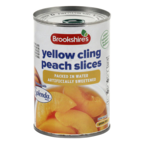 Artificially sweetened. Per 1/2 Cup Serving: 30 calories; 0 g sat fat (0% DV); 0 mg sodium (0% DV); 7 g total sugars. 30 calories per serving - yellow cling peach slices packed in water, artificially sweetened. 100 calories per serving -yellow cling peach slices in heavy syrup. Gluten free. 70% fewer calories than yellow cling peach slices in heavy syrup per 1/2 cup serving.  Packed in water. Sweetened with Splenda brand. Picked & packed at the peak of freshness. Since 1928. Since 1928. If you're not happy, we're not happy - 100% satisfaction, 100% of the time, guaranteed! brookshires.com. Questions? Call us at 1-888-937-3776. Non BPA can liner. 100% recyclable. Please recycle.