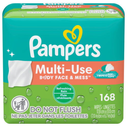 Body face & mess. 1 wipe pop-tops. Current: Pampers Expressions. Botanical rain scent. New: Pampers Multi-Use. Refreshing rain. New look! Packaging may vary. Cleans body, face & mess. Fresh scent. Dispenses one wipe at a time. 0% hypoallergenic. Parabens & latex (Natural rubber). Gentle on skin. Cleans body. Cleans face. Cleans messes. Cleans surfaces. Alcohol (contains no ethanol or rubbing alcohol) free wipes. Contains 3 package liners of 56 wipes each. Package liners are not intended for individual retail sale. Treat yourself to a fresh experience with Pampers Multi-Use wipes. Our wipes are clinically proven mild & hypoallergenic and provide a gentle clean with a fragrant finish. Dispose of properly. USA: Recycle if clean & dry. Store-drop off. Plastic wrap. Plastic pouch. how2recycle.info. Pampers Club: Download. Enter. Save. Valid in the US, Canada & PR.