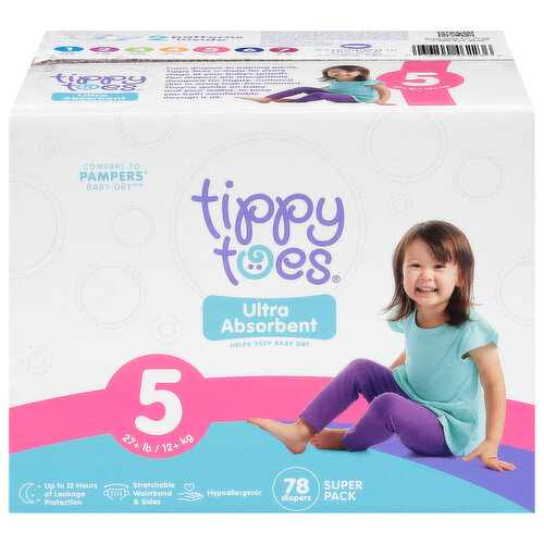 Tippy Toes Diapers, Ultra Absorbent, Size 5 (27+ lb), Super Pack