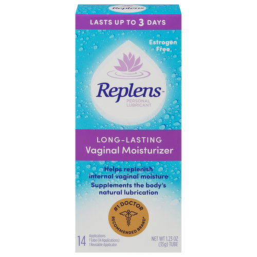 Lasts up to 3 days. Estrogen free. Helps replenish internal vaginal moisture. Supplements the body's natural lubrication. No. 1 doctor recommended brand (Replens is the No. 1 doctor recommended brand among vaginal moisturizers). 14 Applications. 1 Tube (14 applications), 1 reusable applicator. Vaginal dryness can be a common problem for women of menopausal age due to decreasing estrogen levels. However, women of all ages may also experience dryness from breastfeeding, fertility and cancer medications, stress or tampon use. One application delivers just the right amount of Replens Long-Lasting Vaginal Moisturizer to help replenish internal vaginal moisture and supplement the body's natural lubrication for up to 3 days. The Replens Long-Lasting Vaginal Moisturizer formula stays in place to provide moisture for long-lasting hydration with less mess. Fragrance free. Paraben free. Proud supporter of Arbor Day Foundation.