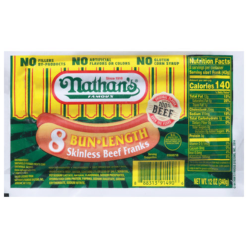 Nathan's Famous Beef Franks, Skinless, Bun Length