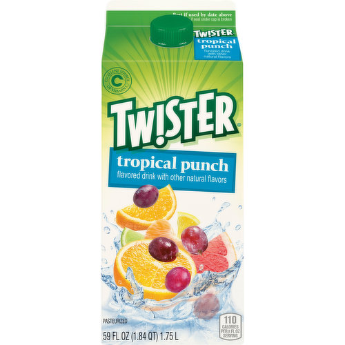 Flavored drink with other natural flavors. 110 calories per 8 fl oz serving. Excellent source of vitamin C. Each serving provides an excellent source of vitamin C. Pasteurized. Great tasting, all day, refreshment! Twister tropical punch satisfies your thirst with great fruit flavor. Questions or comments? call 1-800-237-7799. Carton specially designed to preserve freshness.