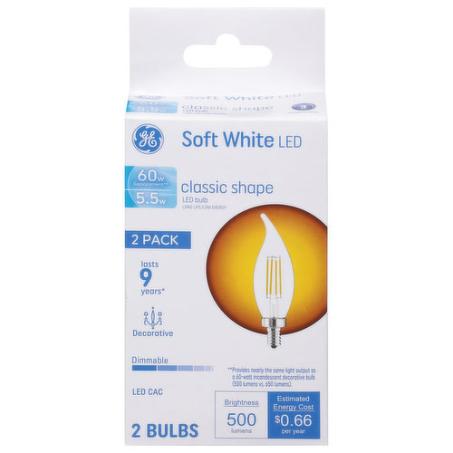 GE Light Bulbs, LED, Soft White, Classic Shape, 5.5 Watts, 2 Pack