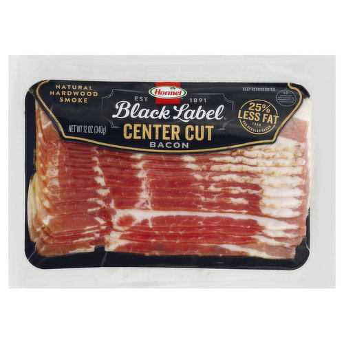 Natural hardwood smoke. Est. 1891. 25% less fat than our regular bacon. US inspected and passed by Department of Agriculture. Fat content has been reduced from 7 g to 5 g per serving. www.hormel.com. Gluten free. Bacon with a side of bacon. facebook.com/BlackLabelBacon. Twitter: at BlackLabelBacon. Instagram: at BlackLabelBacon. Pinterest.com/BlackLabelBacon.