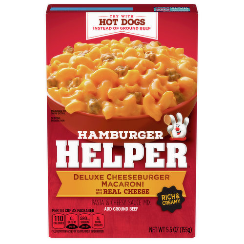 America's favorite Hamburger Helper is made with 100% REAL cheese for the real taste you love most.  Dial up the flavor! Stir in chopped onion just before simmering. Add shredded Cheddar cheese and chopped dill pickles just before serving. 