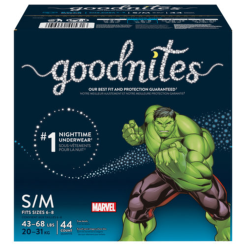 GoodNites Underwear, Nighttime, Marvel, S/M (43-68 lbs), Boys - Brookshire's