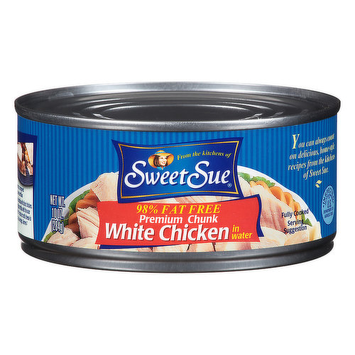 98% fat free. No MSG added. From the kitchens of Sweet Sue. Fully cooked. You can always count on delicious, home-style recipes from the kitchens of Sweet Sue. Inspected by the U.S. Department of Agriculture. Questions or comments? Call 1-800-633-3294. Please recycle when empty. Inspected for wholesomeness by U.S. Department of Agriculture.; You can always count on delicious, home-style recipes from the kitchens of Sweet Sue.; Sweet Sue Recipe: Chicken Appetizer Quesadillas. Great for salads, sandwiches, soups, or casseroles.