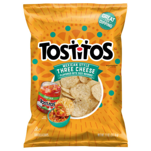 Tostitos Tortilla Chips, Three Cheese, Mexican Style, Bite Size Rounds