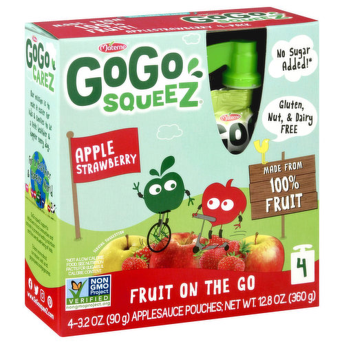 Apple Sauce, Fruit On The Go, Apple Strawberry, 4 Pack