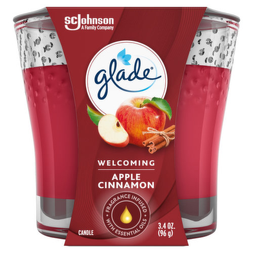 Fragrance infused with essential oils. A family company. A family company since 1886. - Fisk Johnson. Inspired from warm childhood memories fragrance crafted with notes of Mclntosh Apple and mulling spices. www.glade.com. Questions? Comments? Call 800-558-5252 or write Helen Johnson. Visit us at: www.glade.com. Tel: 1-800 801 869. Tel: 0-800 656 534. Environmental Facts: Paperboard packaging is recyclable. Paperboard packaging contains 30% post consumer recycled material. Candle made in Canada.