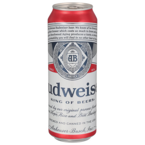 This is the famous Budweiser beer. We know of no brand produced by any other brewer which costs so much to brew and age. Our exclusive Beechwood Aging produces a taste, a smoothness and a drinkability you will find in no other beer at any price. King of beers. The great American. Since 1876. Genuine. King of beer. Brewed by our original process from the choicest hops, rice and best barley malt. Enjoy responsibly. Drink wiser. Brewed with renewable 100% electricity from wind power (Electricity is one type of energy we use to brew; Learn more at budweiser.com). Please recycle.
