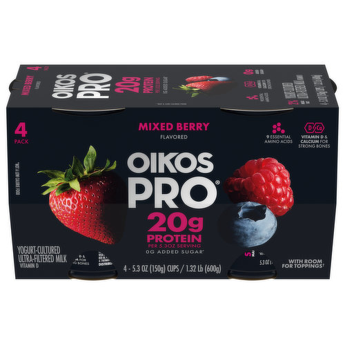 Oikos Pro Yogurt, Cultured, Ultra-Filtered Milk, Mixed Berry Flavored, 4 Pack