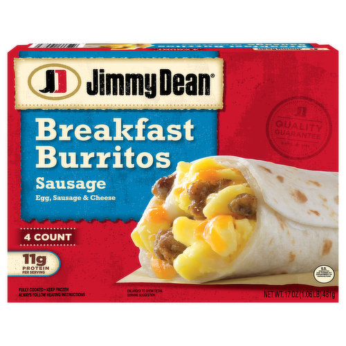 Kickstart your day with Jimmy Dean Fully Cooked Sausage Breakfast Burritos. Featuring real eggs, sausage and cheese rolled into soft flour tortillas, these fully cooked breakfast burritos are the ultimate grab and go breakfast. With 11 grams of protein per serving, these burritos are a tasty microwavable breakfast option that is easy to prepare and ready in minutes. For a delicious, easy breakfast at home or on the go, microwave and serve. Includes one 17 oz package of 4 individually wrapped fully cooked sausage breakfast burritos. Jimmy Dean once said, "Sausage is a great deal like life. You get out of it what you put in." Which pretty much sums up his magic formula for having a great day. Today's your day to shine on™.