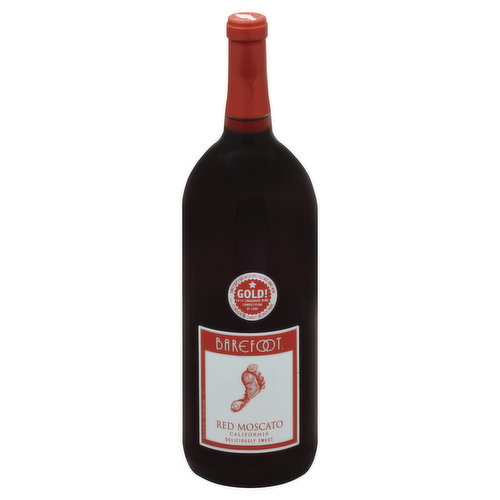 Red table wine. Deliciously sweet. Footnotes: Barefoot Red Moscato is a juicy and fruity wine with distinct flavors of peaches and Bing cherries. Barefoot Red Moscato is best served chilled. Pairs well with soft white cheeses, fresh fruits, orange chicken salad and all spicy fare. Delicious! Get Barefoot and have a great time! barefootwine.com. Gold! 2014 consumer wine competition at Lodi. Barefoot's Red Moscato blends have won. Consistent quality, proven value. Alc. 9% by vol. Vinted and bottled by Barefoot Cellars, Modesto, CA 95354.