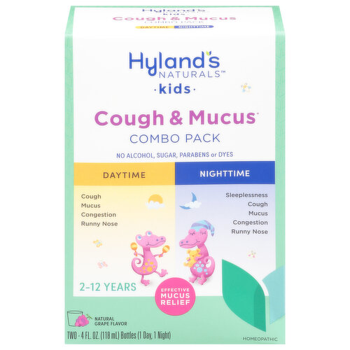 Hyland's Naturals Cough & Mucus, Daytime/Nighttime, Natural Grape Flavor, Combo Pack