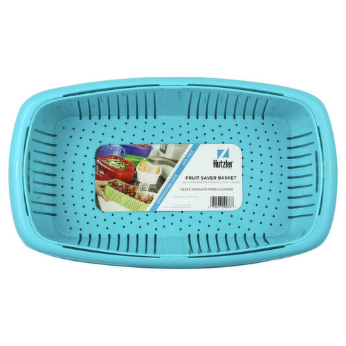 With strainer and translucent cover. Keeps produce fresh longer. Dishwasher safe. BPA free. Fresh since 1938. www.hutzlerco.com. Made in China.
