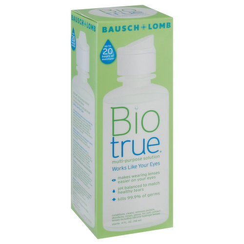 Up to 20 hours of moisture (Our laboratory research shows that Biotrue multi-purpose solution helps keep lenses moist for up to 20 hours. We'd love to hear how Biotrue multi-purpose solution is making wearing your contacts easier on your eye). Works like your eyes. Makes wearing lenses easier on your eyes. PH balanced to match healthy tears. Kills 99.9% of germs. Conditions, cleans, removes protein, disinfects, rinses, stores, for soft contact lenses including silicone hydrogel lenses. Sterile. Bio True multi-purpose solution for soft contact lenses including silicone hydrogel lenses. Works like your eyes. The world can be tough on your eyes when you wear contact lenses. In a world of less sleep and more computer use it can be difficult for your eyes to stay comfortable and moist, especially when wearing contacts. Biotrue multi-purpose solution makes wearing lenses easier on your eyes. Biotrue is easier on your eyes because it works like your eyes. Biotrue has the same pH as healthy tears and a lubricant found in your eyes. Makes wearing lenses easier on your eyes. Bausch + Lomb cares about the environment. This carton and bottle are 100% recyclable.