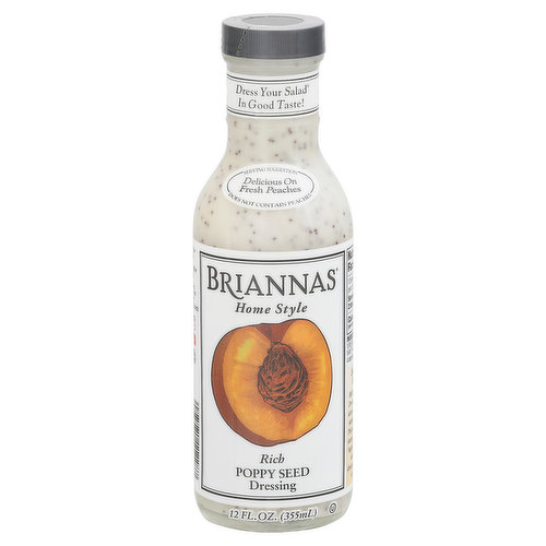 Dress your salad in good taste! Delicious on fresh peaches. Does not contain peaches. No HFCS. Rich Poppy Seed is a creamy, sweet dressing made with fresh onions and poppy seeds. Our best-selling dressing flavor for more than 30 years! Go Texan. Small batch since 1982. Briannas Fine Salad Dressings grew out of a desire to create superior tasting salad dressings. This homestyle approach starts with using the finest, high quality ingredients and blending each dressing recipe exclusively in small batches.