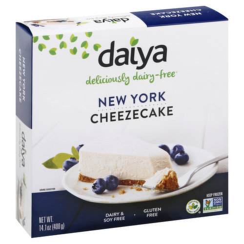 Dairy & soy free. Certified Gluten-free. Vegan.  Non GMO Project verified. nongmoproject.org. Deliciously dairy-free. Certified plant based. Finally! A dairy-free dream come true. Who doesn't love cheesecake? That wonderfully delicious treat that makes dessert or snack time so special. Our rich and creamy fillings and artisan gluten-free crusts are worthy of the finest restaurants. Discover how delicious dairy-free and plant-based can be! www.daiyafoods.com. Questions or comments? 1 (877) 324-9211. www.daiyafoods.com. Available in 4 flavors: New York, Key Lime, Chocolate and Strawberry flavors. Please recycle. Product of Canada.