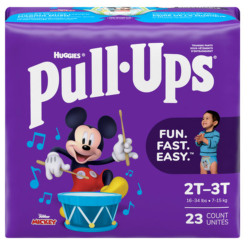 Make potty training fun, fast and easy with Pull-Ups Training Pants! Made with soft and breathable materials, these training pants are extra comfy for your child throughout the day. Pull-Ups training pants are flexible, with an underwear-like fit for easy training and outstanding protection. Not only do they provide all-around coverage, but they also feature stretchy sides that your child can easily move up and down to help them feel like a Big Kid. The refastenable sides make it easy for fast changes, allowing you to keep pants and shoes on your toddler. Plus, the adjustable sides let you customize your child's waistband and easily check for messes! Each pack includes two exclusive music designs featuring Disney's Mickey Mouse, with instrument graphics that fade when wet to help motivate your child to stay dry. Tell the story of how Mickey Mouse loves making music and your child can help keep the music going! Making music with Mickey Mouse comes to life with interactive digital tools and fun extras like an inside-the-box coloring mat. When your child is ready to begin his potty training journey, the Pull-Ups brand can help. Visit the Pull-Ups website for expert potty training tips and resources. We've helped train 60 million Big Kids and counting!* Pull-Ups Boys' Training Underwear are available in sizes 2T-3T (16-34 lbs), 3T-4T (32-40 lbs), 4T-5T (38-50 lbs) and 5T-6T (50+ lbs). (*US and CA)