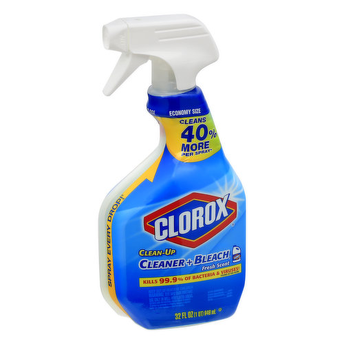 Cleans 40% more per spray (Based on lab testing vs. previous offering). Kills 99.9% of bacteria & viruses (Cold virus (Rhinovirus Type 37) found in the home. Smart tube technology. Spray every drop! Removes bathroom stains. Removes stains & disintects. Degreaser. Kills germs (Escherichia coil) on hard, nonporous surfaces. Staphylococcus aureus (Staph). Clorox Clean-Up Cleaner + Bleach1. www.clorox.com. Questions or comments? Visit us at www.clorox.com or call us at 1-800-227-1860. For more product ingredient information, visit www.ingredientinside.com. Made in the USA.