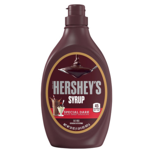 HERSHEY'S SPECIAL DARK chocolate syrup is full of the genuine, mildly sweet chocolate flavor you know and love. Enjoy the mildly sweet taste of chocolate syrup on everything from cakes to cookies. It is the perfect syrup to add to your milk, hot cocoa and coffee. Try drizzling it over your brownies and cakes, or use it to make chocolate floats and sundaes. No matter what you're making or who is at your gathering, pop open the lid and squeeze, swirl, dot or drizzle the syrup onto some of your favorite drinks and desserts. Squeeze the syrup onto your ice cream sundaes as a tasty topping or stir it into a cold glass of milk for a classic glass of chocolate milk. The syrup is also a great way to add a little sweetness to your morning coffee. HERSHEY'S SPECIAL DARK chocolate syrup is great to have on hand for every holiday so that you're always ready to create delicious treats and recipes for the entire family. This chocolate syrup is fat free and has no artificial colors. It comes packaged in a closeable and squeezable syrup bottle for easy pouring. Once you're finished, place the bottle in the refrigerator.