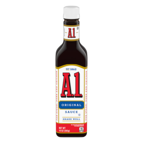 15 calories per 1 tbsp. See nutrition information for sodium content. Est. 1862. For steak, pork and chicken. The sauce that makes everything taste better. Aloriginal.com. Visit us at Aloriginal.com; 1.800.847.1997. A.1. Original Steak Sauce delivers the classic A.1. flavor you love to enhance your family's favorite dishes. This delicious sauce combines tomatoes, garlic, crushed oranges and an intricate mix of spices for a zesty flavor you can't resist. Add this multi purpose sauce to steak, chicken, beef or pork, or use it as a dipping sauce. Brush this bottled steak sauce on chicken wings for extra flavor, add it to pot roast for a bold kick or dress up pork chops for a delicious dinner. Each 10 ounce bottle is resealable to help lock in flavor. From steak sauce to marinades and meat rubs, A.1. adds delicious flavor to all your family favorites.