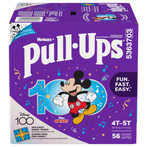 Make potty training fun, fast and easy with Pull-Ups Training Pants! Made with soft and breathable materials, these training pants are extra comfy for your child throughout the day. Pull-Ups training pants are flexible, with an underwear-like fit for easy training and outstanding protection. Not only do they provide all-around coverage, but they also feature stretchy sides that your child can easily move up and down to help them feel like a Big Kid. The refastenable sides make it easy for fast changes, allowing you to keep pants and shoes on your toddler. Plus, the adjustable sides let you customize your child's waistband and easily check for messes! Each pack includes two exclusive music designs featuring Disney's Mickey Mouse, with instrument graphics that fade when wet to help motivate your child to stay dry. Tell the story of how Mickey Mouse loves making music and your child can help keep the music going! Making music with Mickey Mouse comes to life with interactive digital tools and fun extras like an inside-the-box coloring mat. When your child is ready to begin his potty training journey, the Pull-Ups brand can help. Visit the Pull-Ups website for expert potty training tips and resources. We've helped train 60 million Big Kids and counting!* Pull-Ups Boys' Training Underwear are available in sizes 2T-3T (16-34 lbs), 3T-4T (32-40 lbs), 4T-5T (38-50 lbs) and 5T-6T (50+ lbs). (*US and CA)