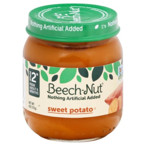 From about 6 months. Non GMO project verified. nongmoproject.org. Nothing artificial added. www.beechnut.com. Contact us at 1-800-Beech-Nut or www.beechnut.com.
